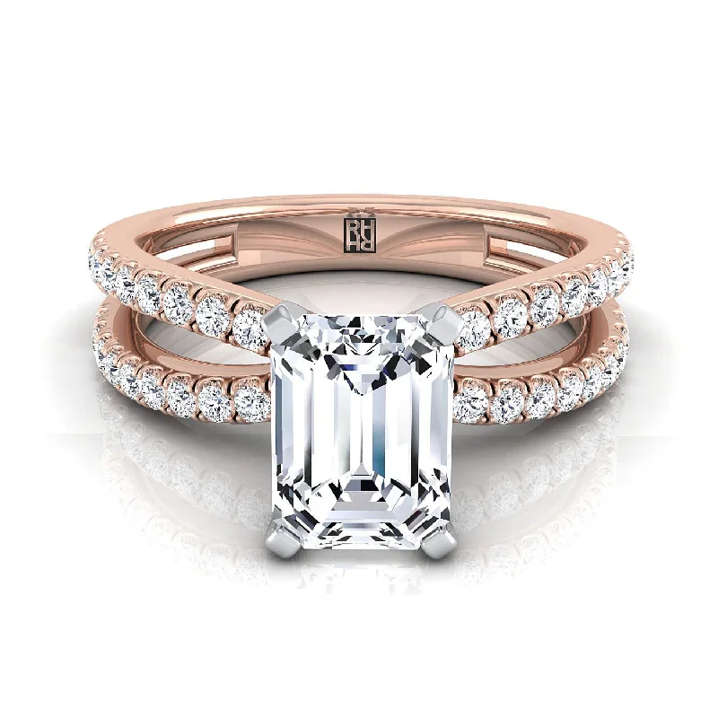 unique promise rings-14K Rose Gold Emerald Cut Diamond Two Row Pavé Split Shank Engagement Ring -1/3ctw