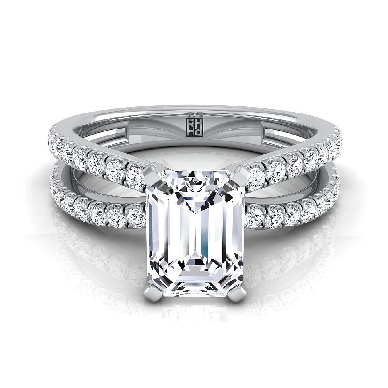 elegant engagement rings-14K White Gold Emerald Cut Diamond Two Row Pavé Split Shank Engagement Ring -1/3ctw