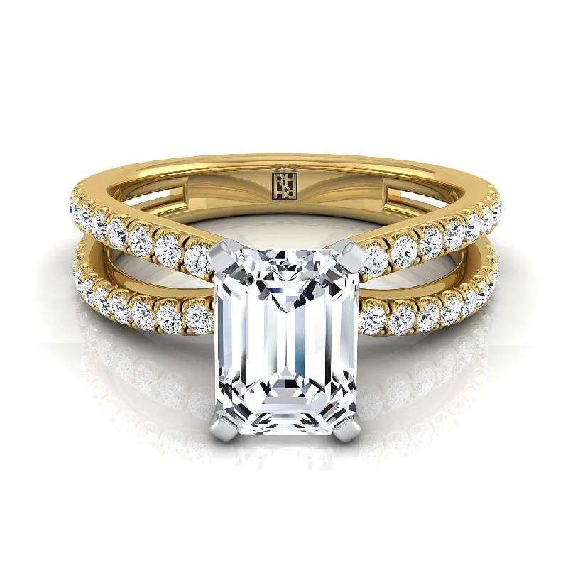 affordable promise rings for couples-14K Yellow Gold Emerald Cut Diamond Two Row Pavé Split Shank Engagement Ring -1/3ctw