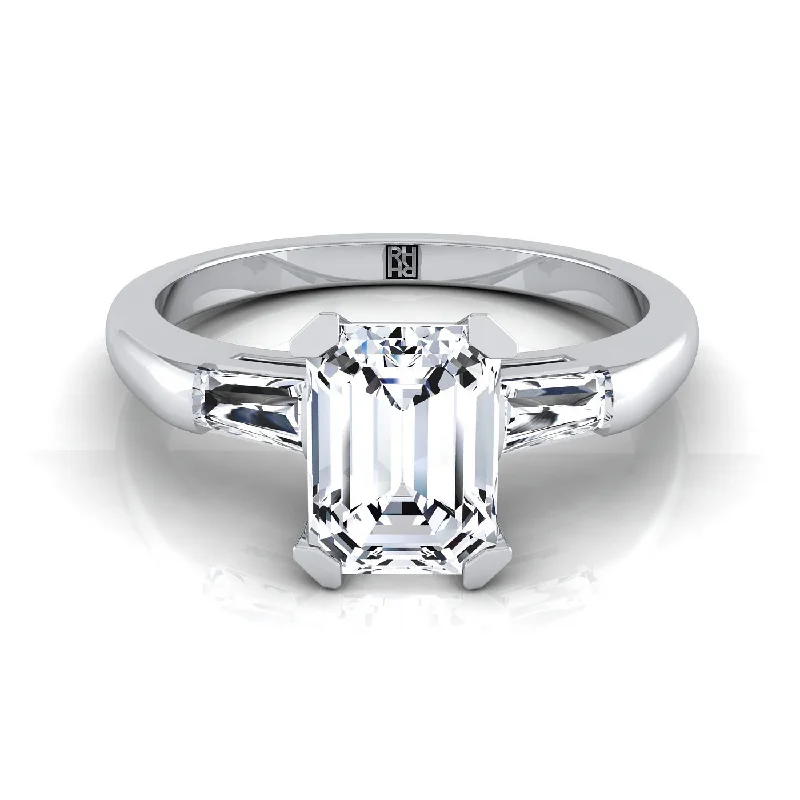 rings for women with stones-14K White Gold Emerald Cut Diamond Three Stone Tapered Baguette Engagement Ring -1/5ctw