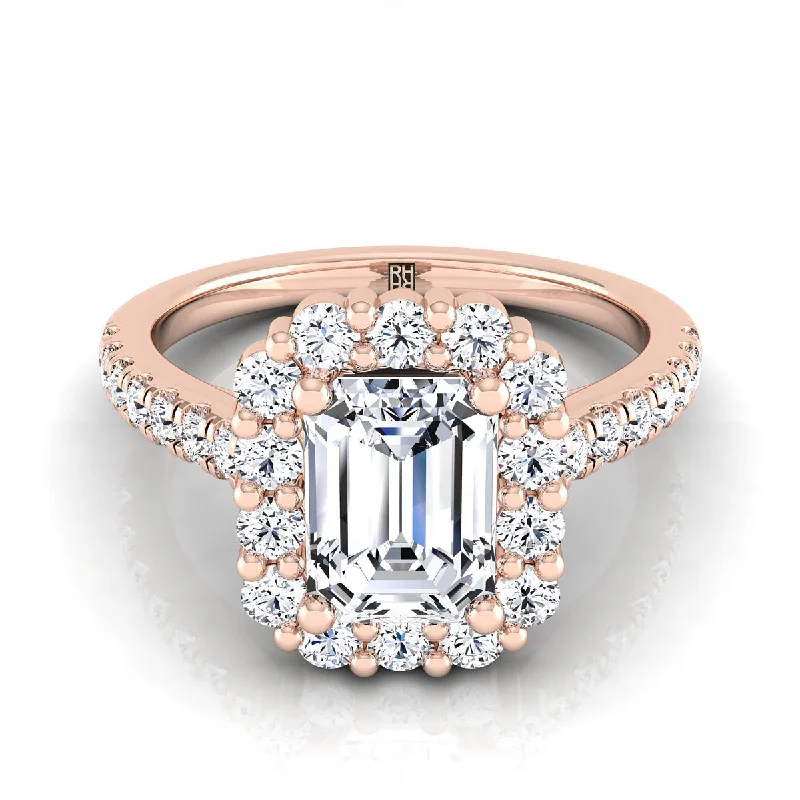 rings with large diamonds-14K Rose Gold Emerald Cut Diamond Shared Prong Halo Engagement Ring -5/8ctw