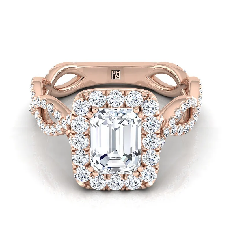 custom diamond rings-14K Rose Gold Emerald Cut Diamond Ribbon Twist French Pave Halo Engagement Ring -3/4ctw