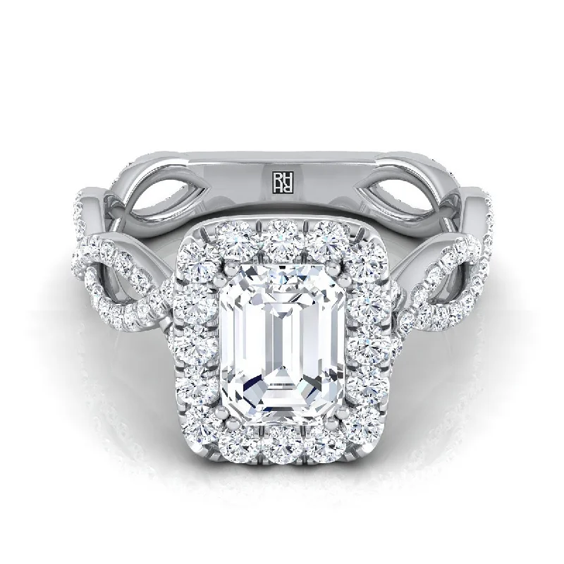 unique wedding rings-14K White Gold Emerald Cut Diamond Ribbon Twist French Pave Halo Engagement Ring -3/4ctw