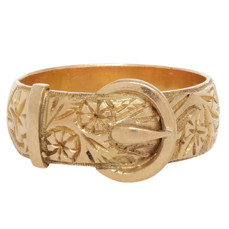 emerald rings for women-Gold Floral Engraved Buckle Ring