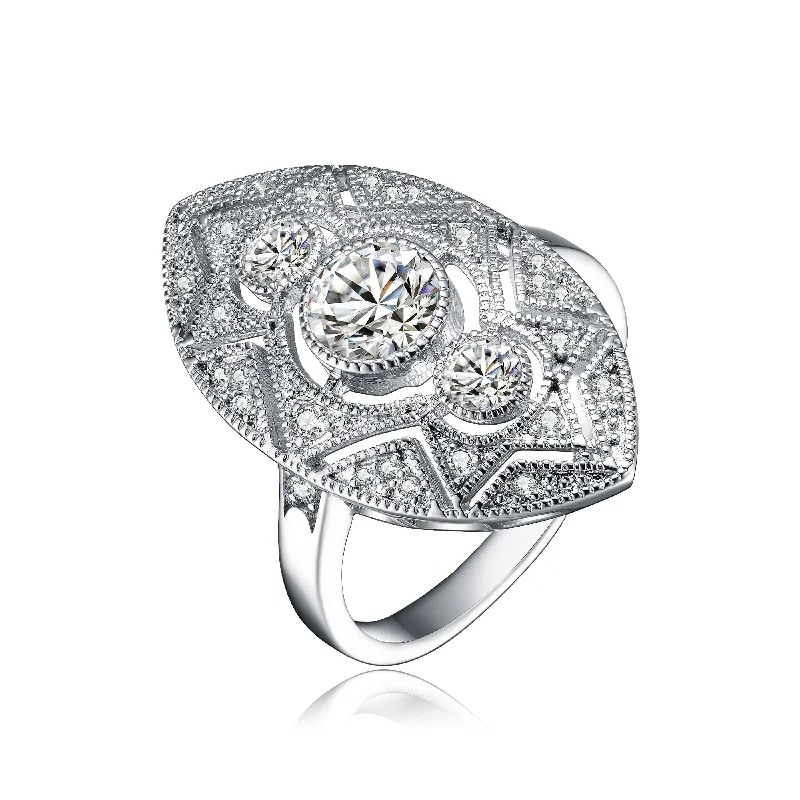 unique rings for men-GENEVIVE Sterling Silver Clear Round Cubic Zirconia Filigree Ring