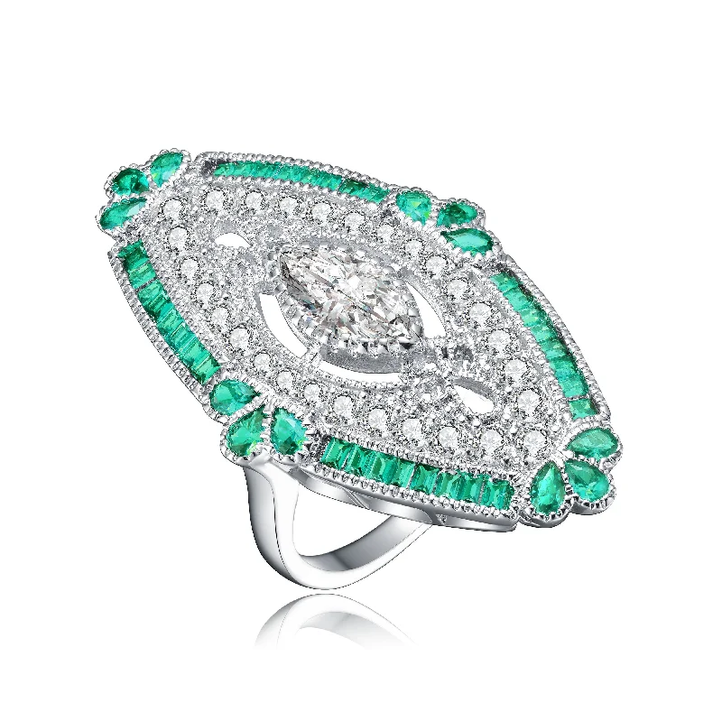 silver wedding rings with gemstones-GENEVIVE Sterling Silver Emerald Cubic Zirconia Coctail Ring