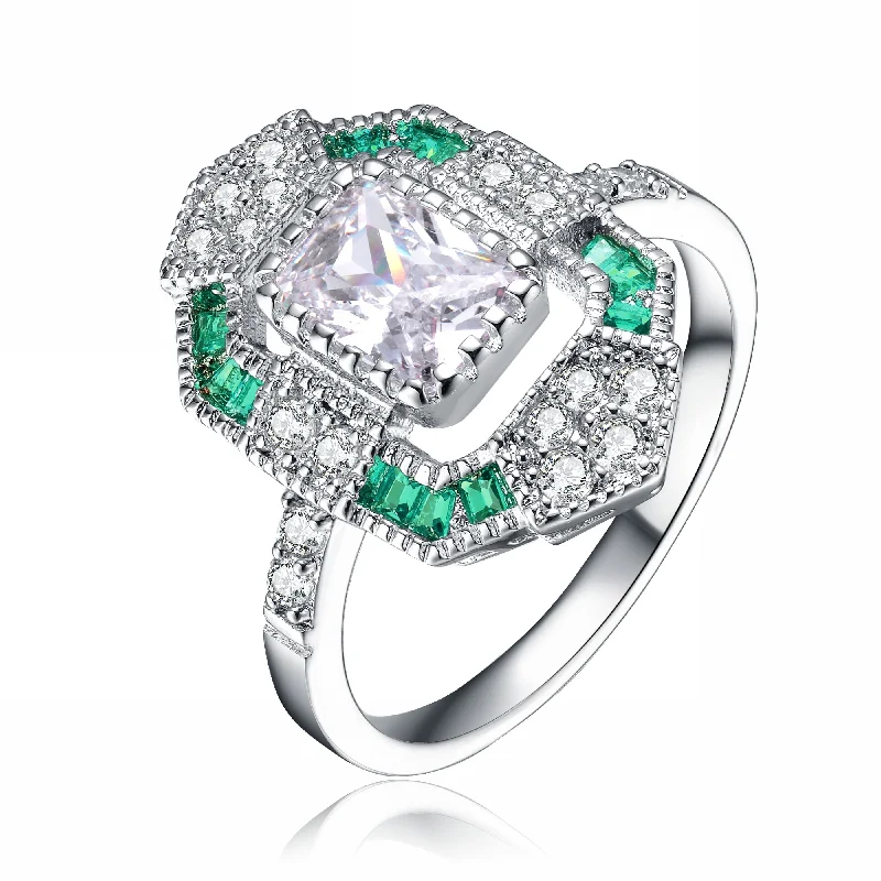 colorful wedding rings-GENEVIVE Sterling Silver Emerald Cubic Zirconia Coctail Ring