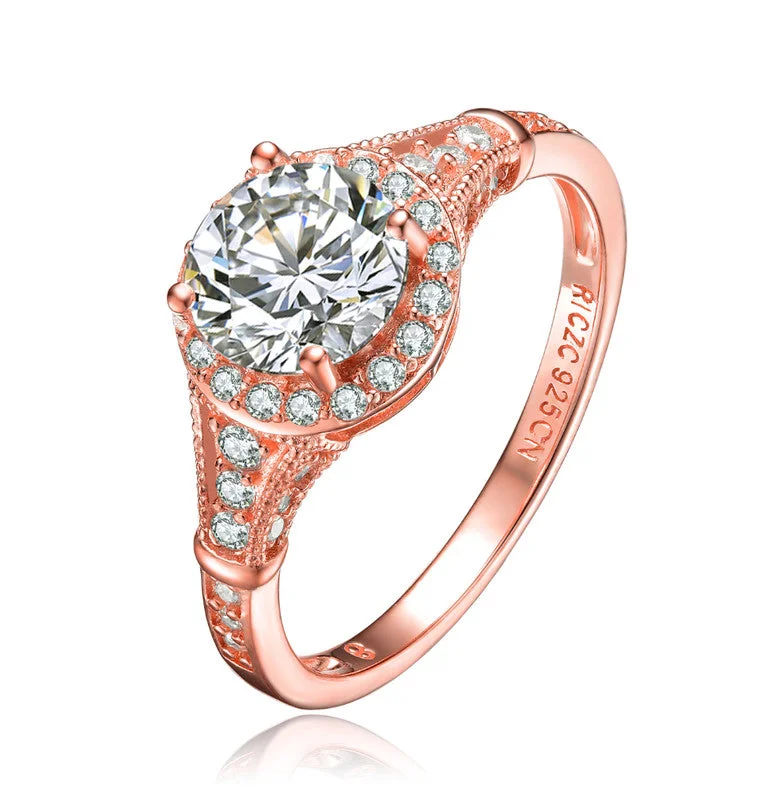 statement rings for men-GENEVIVE Sterling Silver Rose Gold Plated Cubic Zirconia Halo Engagement Ring