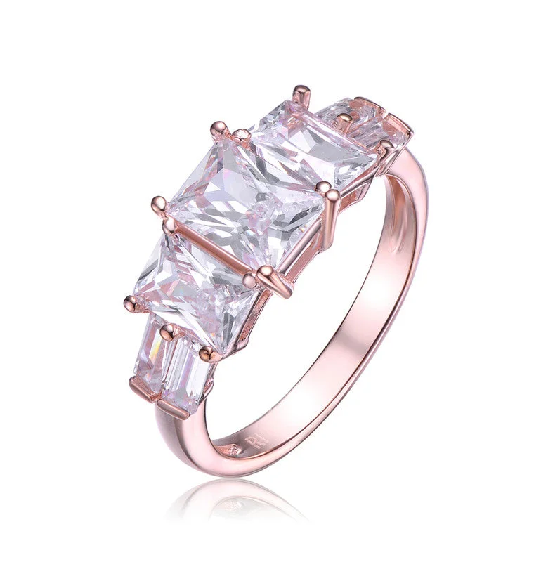 simple diamond rings-GENEVIVE Sterling Silver Rose Gold Plated Cubic Zirconia Three Stone Engagement Ring