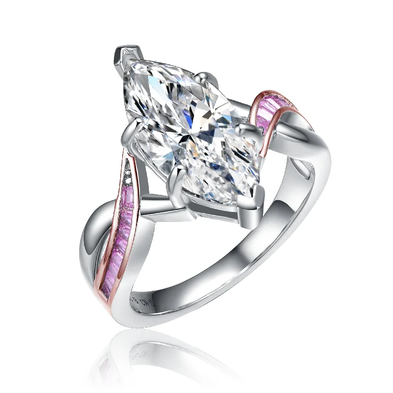 custom silver rings-GENEVIVE Sterling Silver Two Tone Clear and Pink Cubic Zirconia Ring