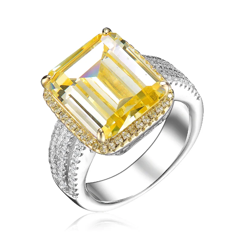 diamond rings for men-GENEVIVE Sterling Silver Yellow Asscher Cubic Zirconia Triple Pave Ring