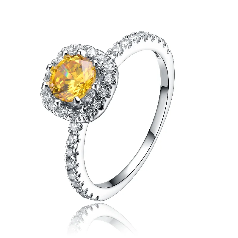 custom wedding rings-GENEVIVE Sterling Silver Yellow Cubic Zirconia Solitaire Ring