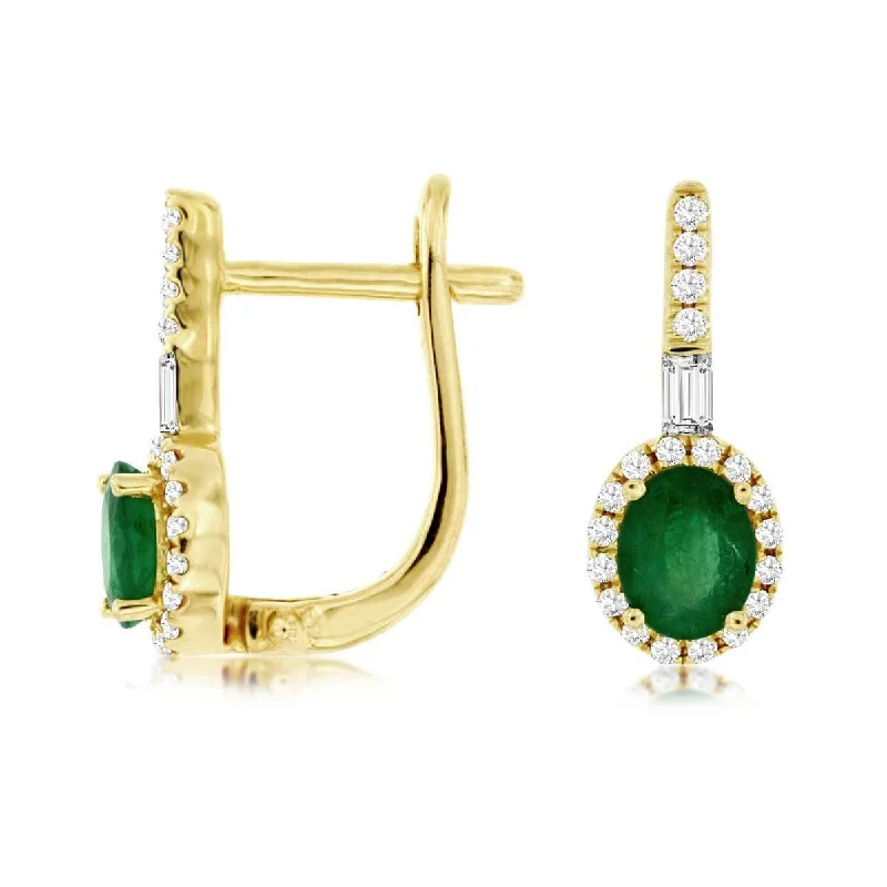 glamorous ear cuffs for trendy looks -Green Oval Natural Emerald Diamond Halo Leverback Earrings in Yellow Gold