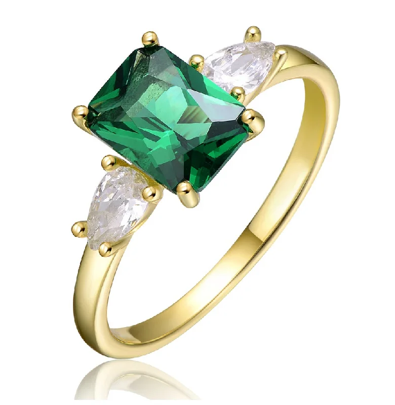 matching wedding rings-GV Sterling Silver 14k Yellow Gold Plated with Emerald & Cubic Zirconia 3-Stone Engagement Anniversary Ring