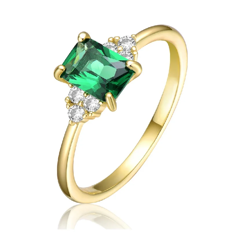 affordable gold rings-GV Sterling Silver 14k Yellow Gold Plated with Emerald & Cubic Zirconia Solitaire Cluster Anniversary Engagement Ring