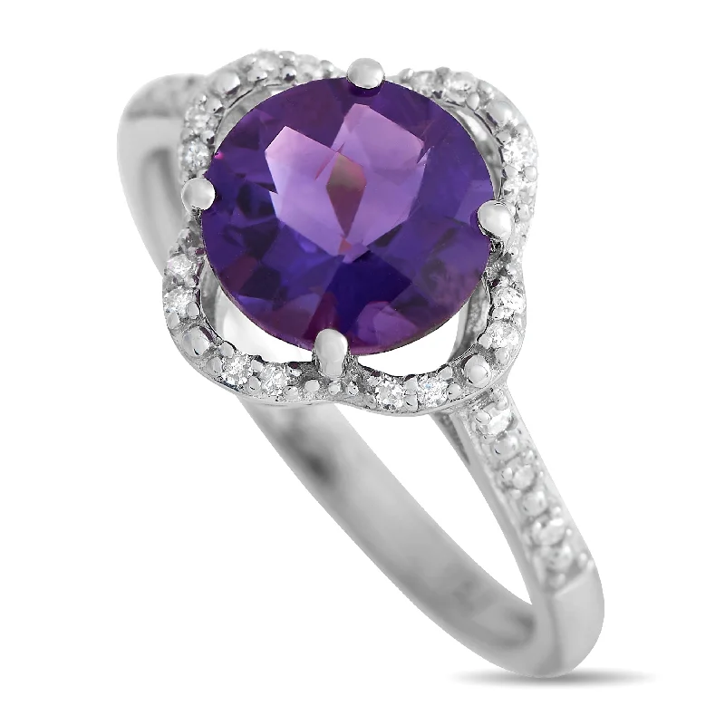 unique wedding rings-LB Exclusive 14K White Gold 0.10ct Diamond and Amethyst Quatrefoil Ring RC4-11976WAM