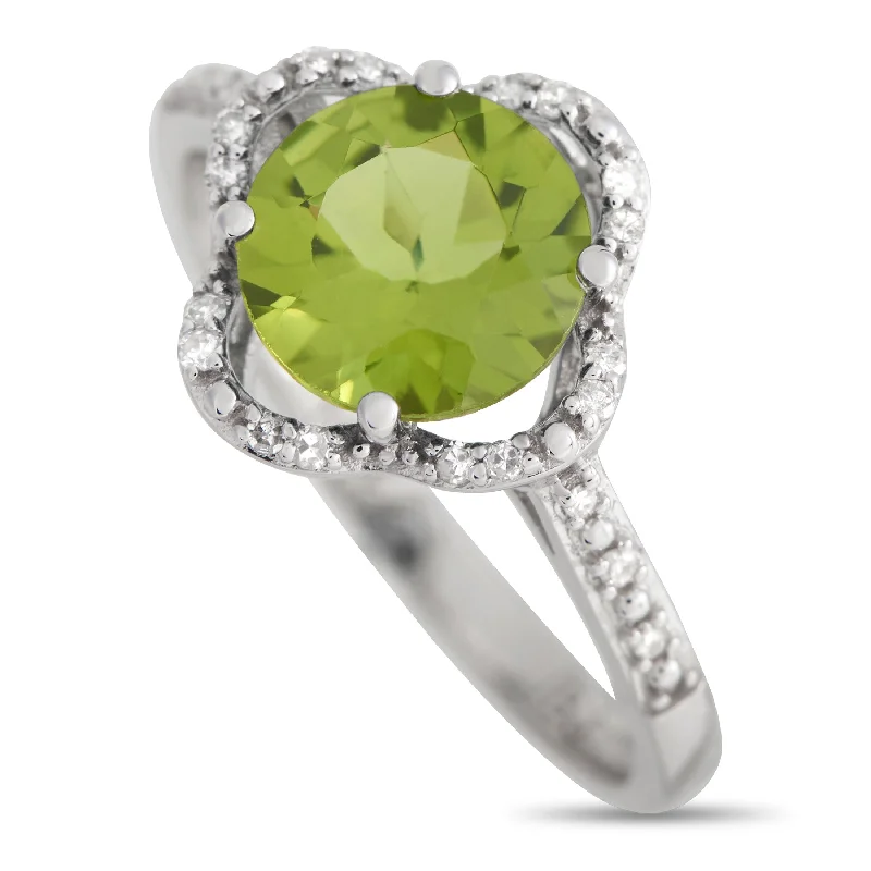 diamond wedding sets-LB Exclusive 14K White Gold 0.10ct Diamond and Peridot Quatrefoil Ring RC4-11976WPE