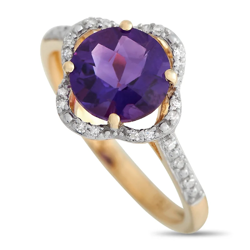 promise rings for her-LB Exclusive 14K Yellow Gold 0.10ct Diamond and Amethyst Quatrefoil Ring RC4-11976YAM