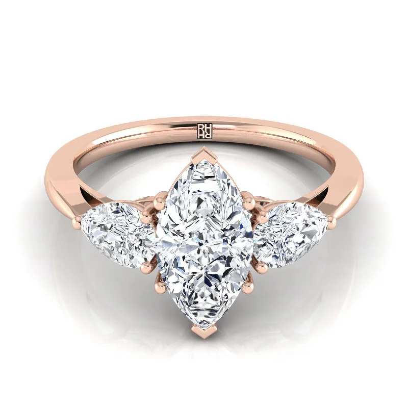 antique silver rings for men-14K Rose Gold Marquise  Diamond Perfectly Matched Pear Shaped Three Diamond Engagement Ring -7/8ctw