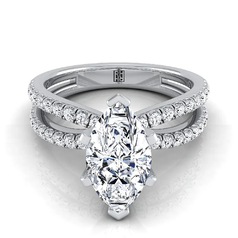 custom made rings-Platinum Marquise  Diamond Two Row Pavé Split Shank Engagement Ring -1/3ctw