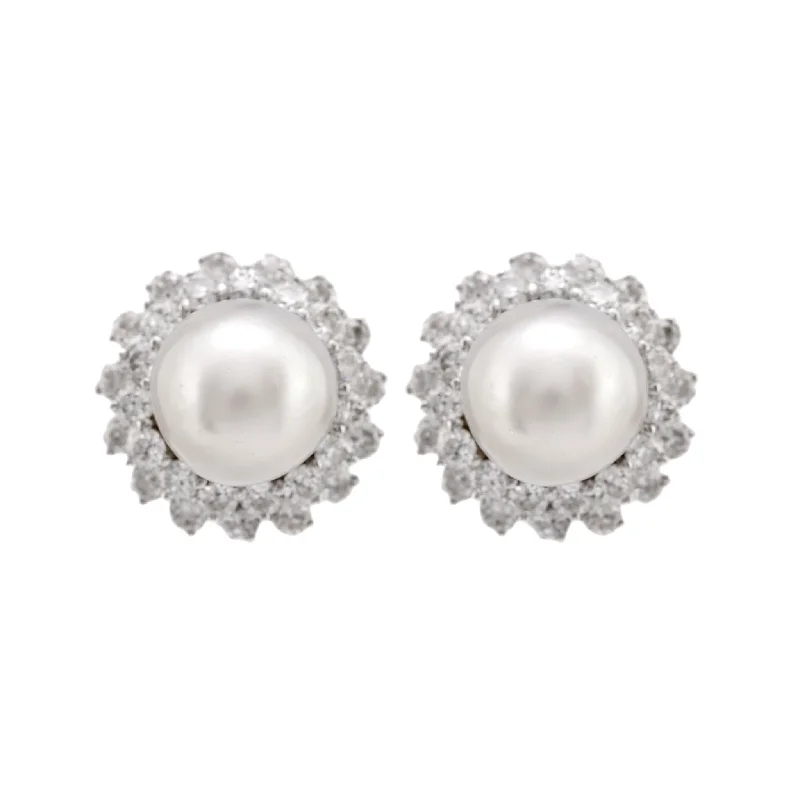 chic circle earrings for minimal looks -Mid Century South Sea Pearl 7 Carat Total Weight Diamond Platinum Cluster Studs