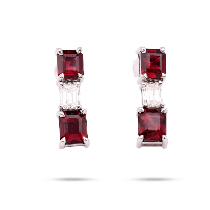 gemstone hoop earrings for color and sparkle -Modern 3.7 Carat Emerald Cut Ruby Diamond 14K White Gold Earrings