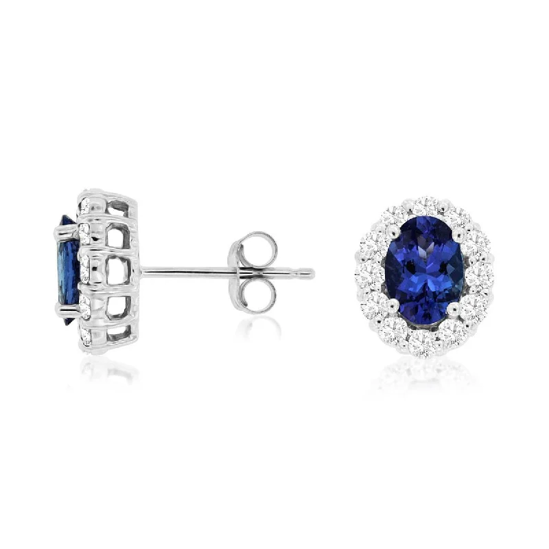 pearl drop earrings for bridal accessories -Natural Blue Oval Tanzanite Diamond Halo Stud Earrings Earrings in White Gold