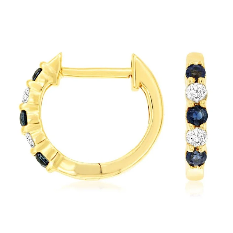 glittery earrings for a sparkle effect -Natural Blue Sapphire and Diamond Huggie Hoop Earrings in Yellow Gold