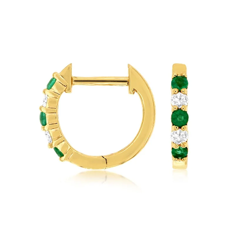 classic hoop earrings for timeless style -Natural Green Emerald and Diamond Huggie Hoop Earrings in Yellow Gold