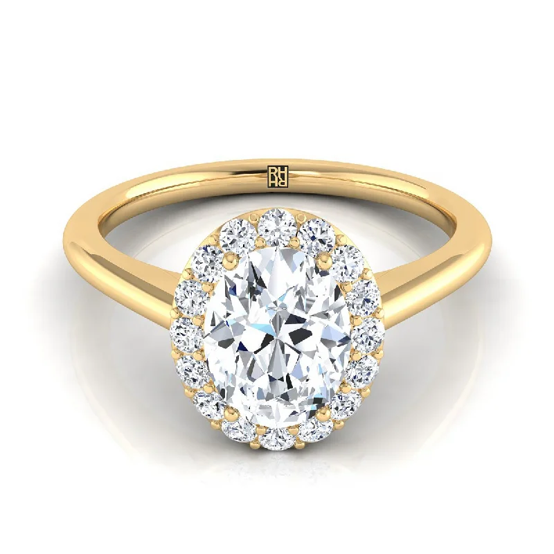 custom couple rings-14K Yellow Gold Oval Diamond Shared Prong Halo Engagement Ring -1/5ctw