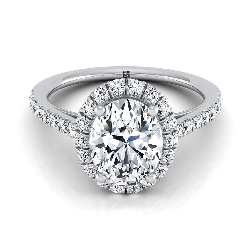 men’s designer engagement rings-14K White Gold Oval Diamond Petite Halo French Pave Engagement Ring -3/8ctw