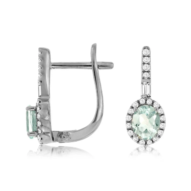 animal print earrings for a wild look -Oval Natural Aquamarine Diamond Halo Leverback Earrings in White Gold