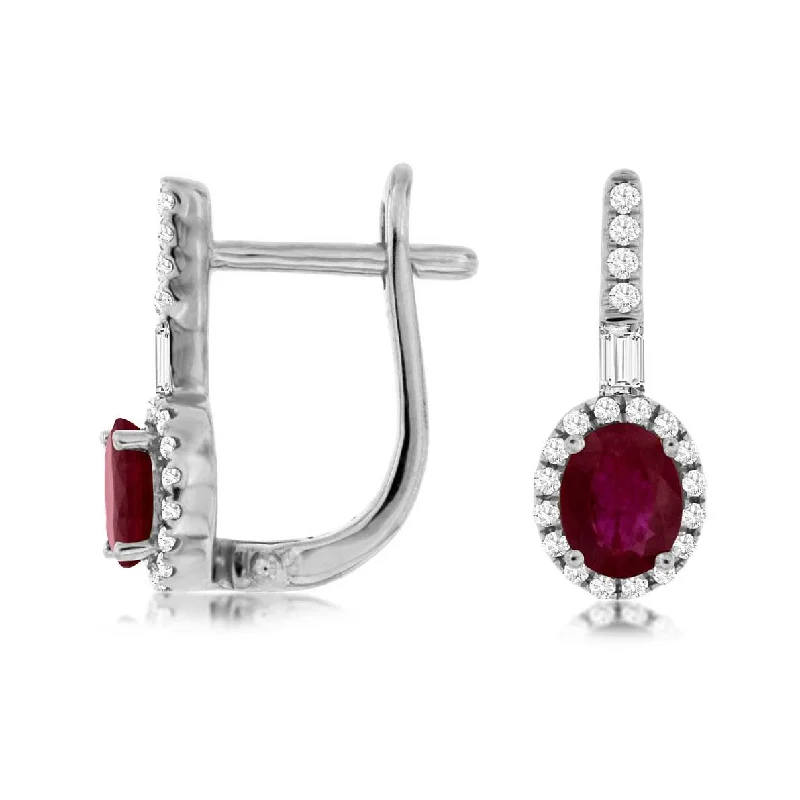 long dangling earrings for elegant evenings -Oval Natural Ruby Diamond Halo Leverback Earrings in White Gold