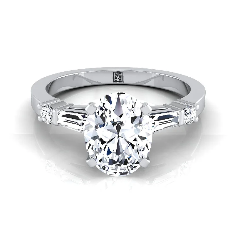 promise rings for her-Platinum Oval Diamond Simple Baguette and Round Solitaire Engagement Ring -1/4ctw