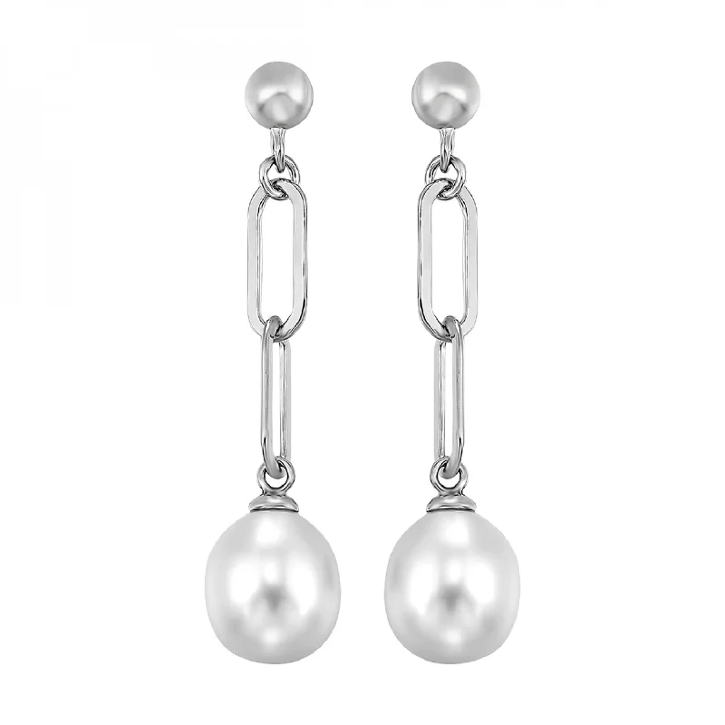 trendy leather earrings for fashion-forward looks -Pearl Chain Dangle Earrings in Sterling Silver