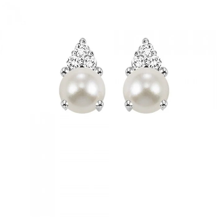 sparkling gold earrings for evening wear -Pearl Stud Earrings with Diamonds