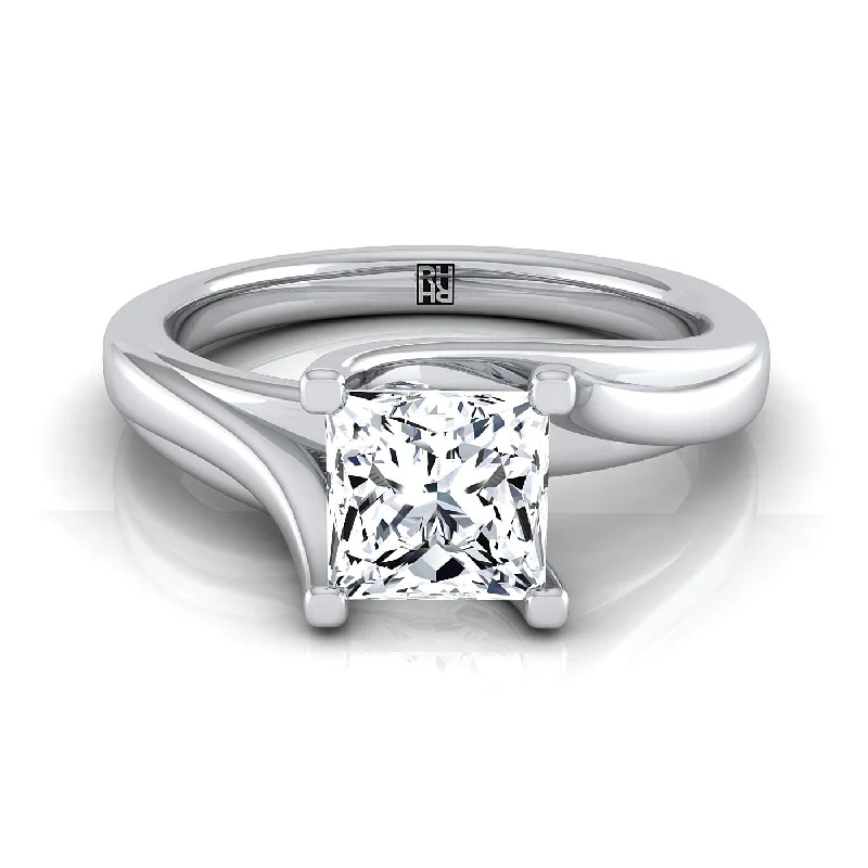 women’s diamond rings-18K White Gold Princess Cut  Twisted Bypass Solitaire Engagement Ring