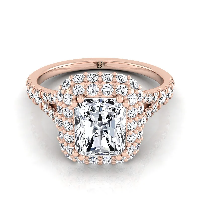 engagement rings for him-14K Rose Gold Radiant Cut Center Diamond Double Halo Split Shank French Pave Engagement Ring -5/8ctw