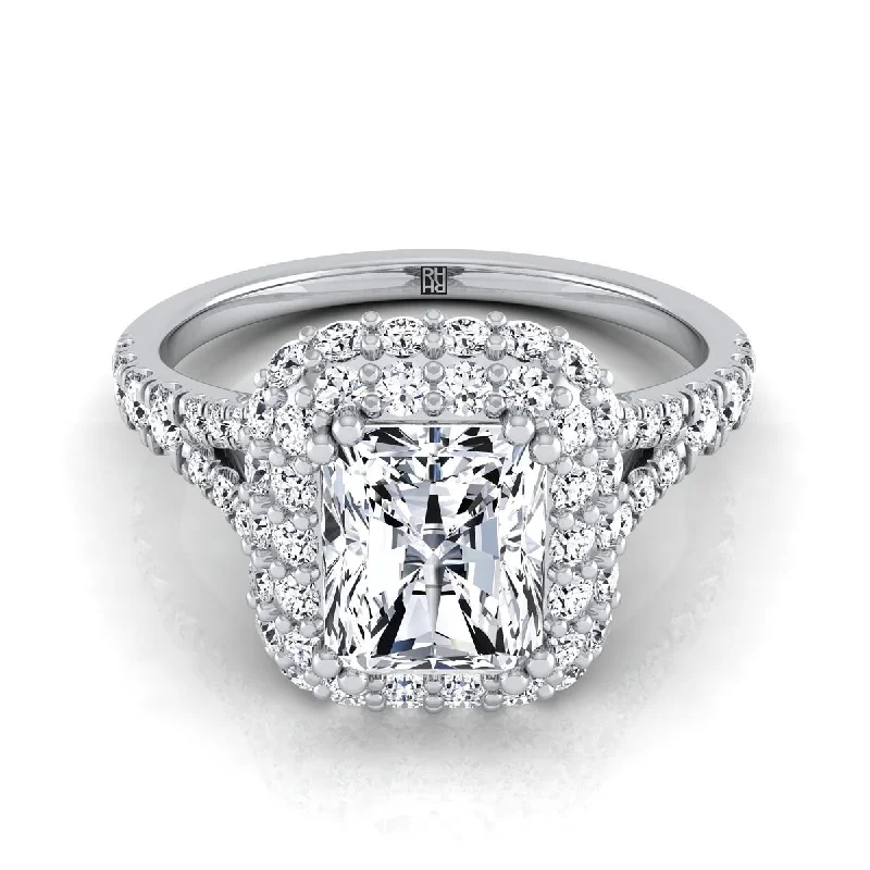 affordable diamond rings-14K White Gold Radiant Cut Center Diamond Double Halo Split Shank French Pave Engagement Ring -5/8ctw