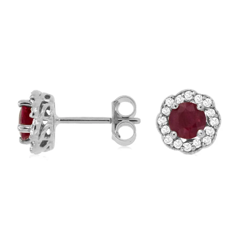 starry sky earrings for night-time elegance -Red Round Natural Ruby Diamond Halo Stud Earrings in White Gold