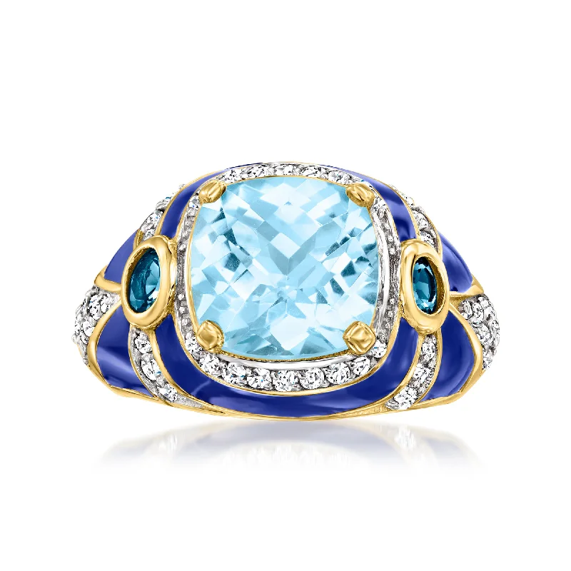 aquamarine rings for women-Ross-Simons London and Sky Blue Topaz and . White Zircon Ring With Blue Enamel in 18kt Gold Over Sterling