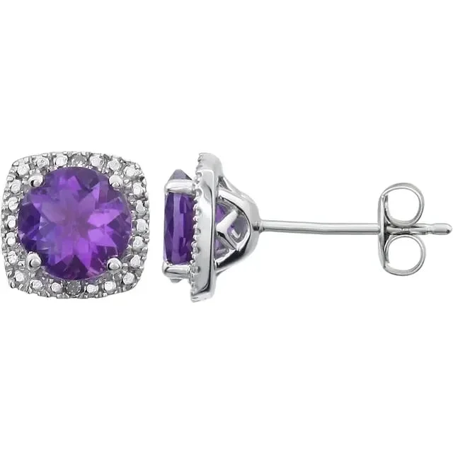 textured earrings for fashion-forward looks -Round Amethyst Diamond Halo Stud Earrings in Sterling Silver