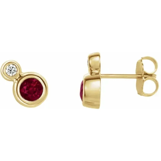 bohemian earrings with feathers for free spirit -Round Bezel Set Ruby and Diamond Stud Earrings in 14k Gold