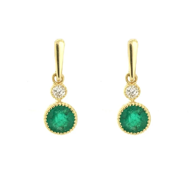 boho beaded earrings for creative outfits -Round Emerald and Diamond Bezel Set Dangle Drop Earrings Earrings in Yellow Gold