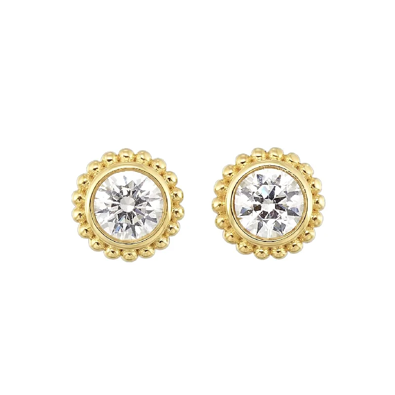 sleek and modern earrings for urban fashion -Round Lab-Created Diamond Beaded Halo Stud Earrings in Yellow Gold, 0.50 cttw