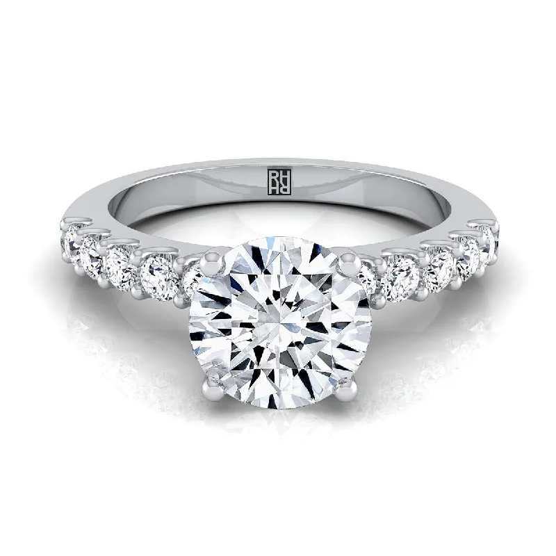 white gold rings-14K White Gold Round Brilliant Simple Linear Diamond Pave Engagement Ring