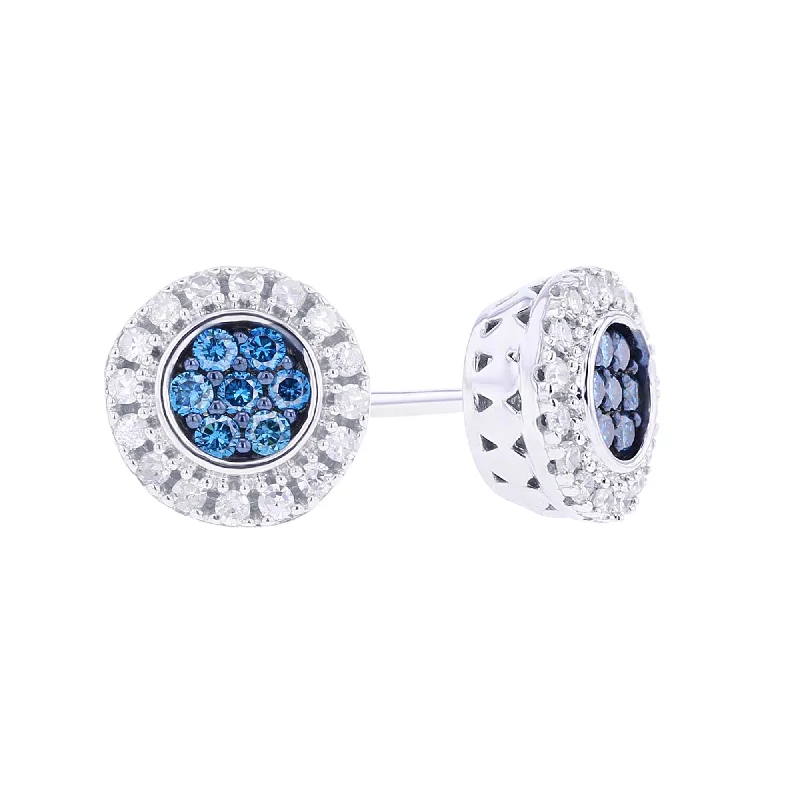 glittery earrings for a sparkle effect -Silver Round Halo Blue and White Diamond Earrings