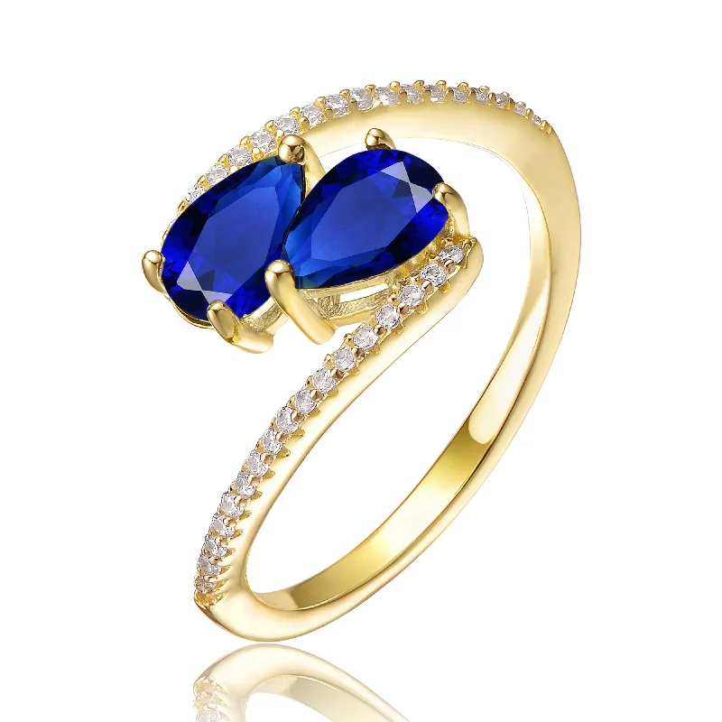 custom promise rings-Sterling Silver 14K Gold Plated and Sapphire Cubic Zirconia Bypass Engagement Ring