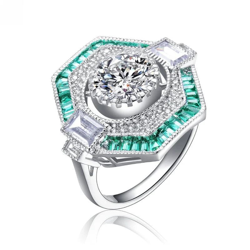 heirloom rings for women-Sterling Silver White Gold Plated with Baguette and Round Cubic Zirconia Modern Ring