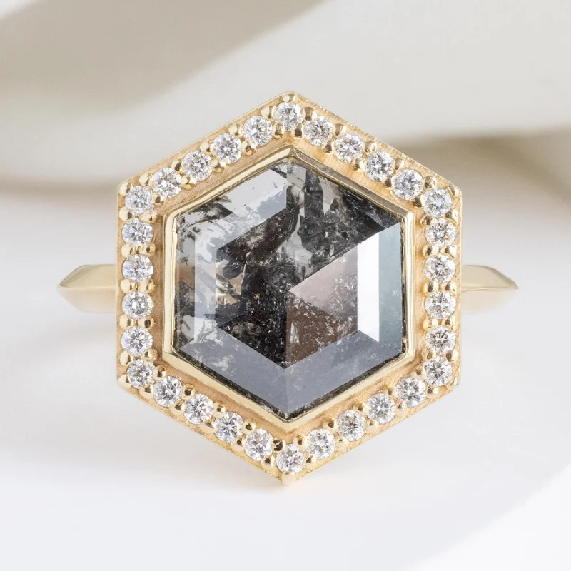 silver engagement rings for men-The Dahlia Luxe | 2.68ct Salt and Pepper Hexagon Diamond in 18K Yellow Gold